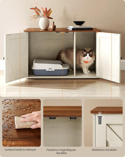 Maison De Toilettes Pour Chat, Niche, Meuble Litière Chat, Avec Séparateur Amovible, Cache-Litière, Table Basse, 80 X 53 X 50 Cm, Marron Miel Et Blanc Rustique PCL002P01V1