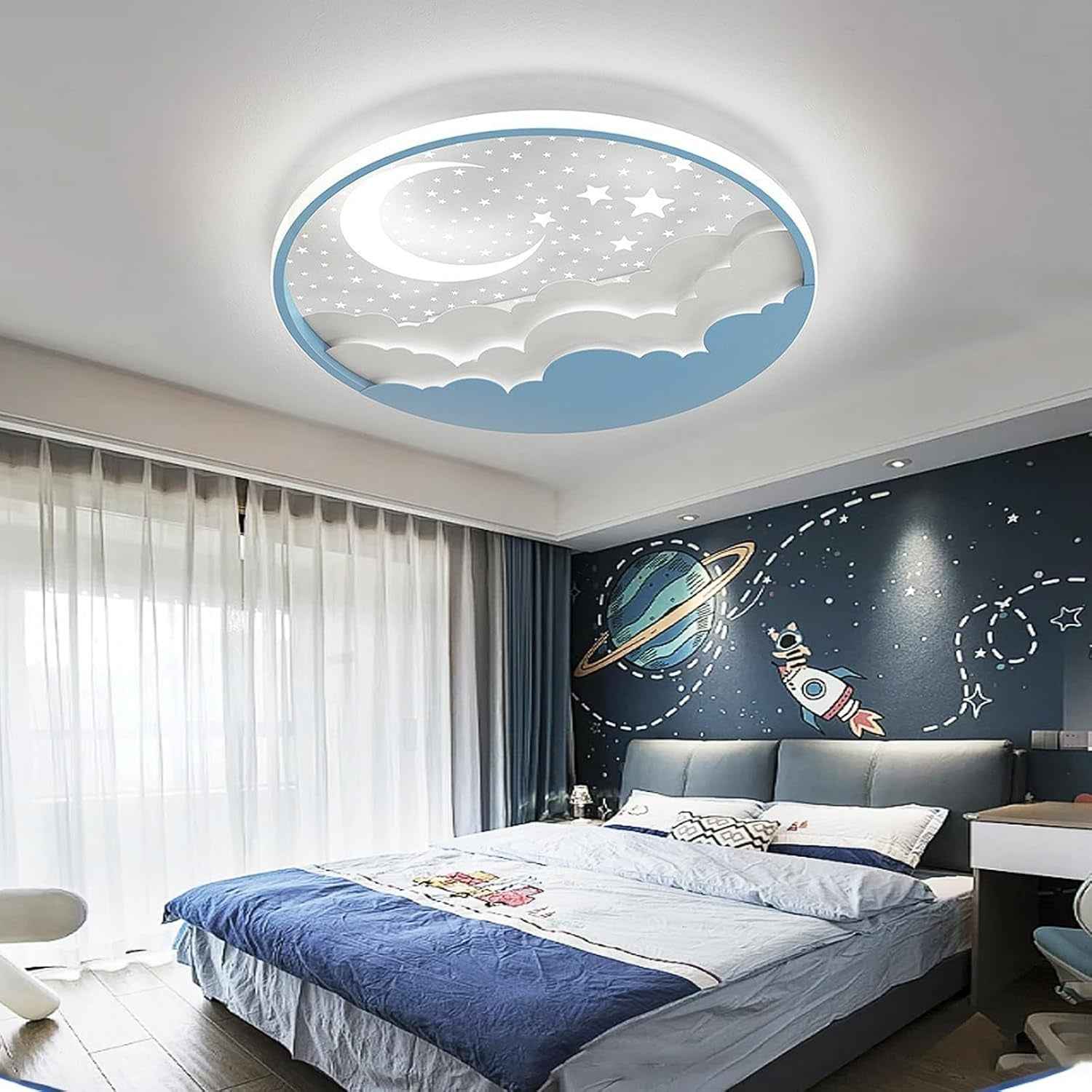 LED Plafonnier Pour Enfants, Créative Étoile Et Lune Lampe De Plafond Enfants, Dimmable Acrylique Plafonnier Avec Télécommande, 3000-6000K, Moderne Filles Garçons Chambre Lampe,Bleu,50Cm