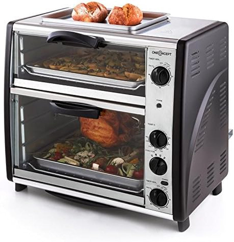 Oneconcept All-You-Can-Eat - Four Grill, Four Électrique, Four Double, 42L Au Total, 2400W, Température Réglable, 60-240°, Timers, 2X Plaques, Fenêtre Large, Broche, Poids 7Kg, Argent