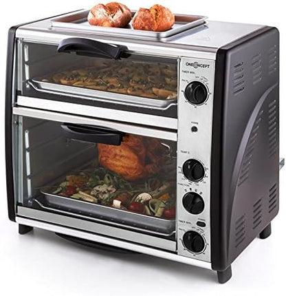 Oneconcept All-You-Can-Eat - Four Grill, Four Électrique, Four Double, 42L Au Total, 2400W, Température Réglable, 60-240°, Timers, 2X Plaques, Fenêtre Large, Broche, Poids 7Kg, Argent
