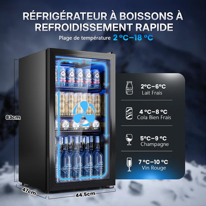 Réfrigérateur À Boissons 90 L Avec Porte Vitrée, Mini Frigo Pour 128 Canettes, Étagères Réglables Pour Bière, Vin Et Soda, Idéal Pour Maison, Bar, Bureau Ou Appartement