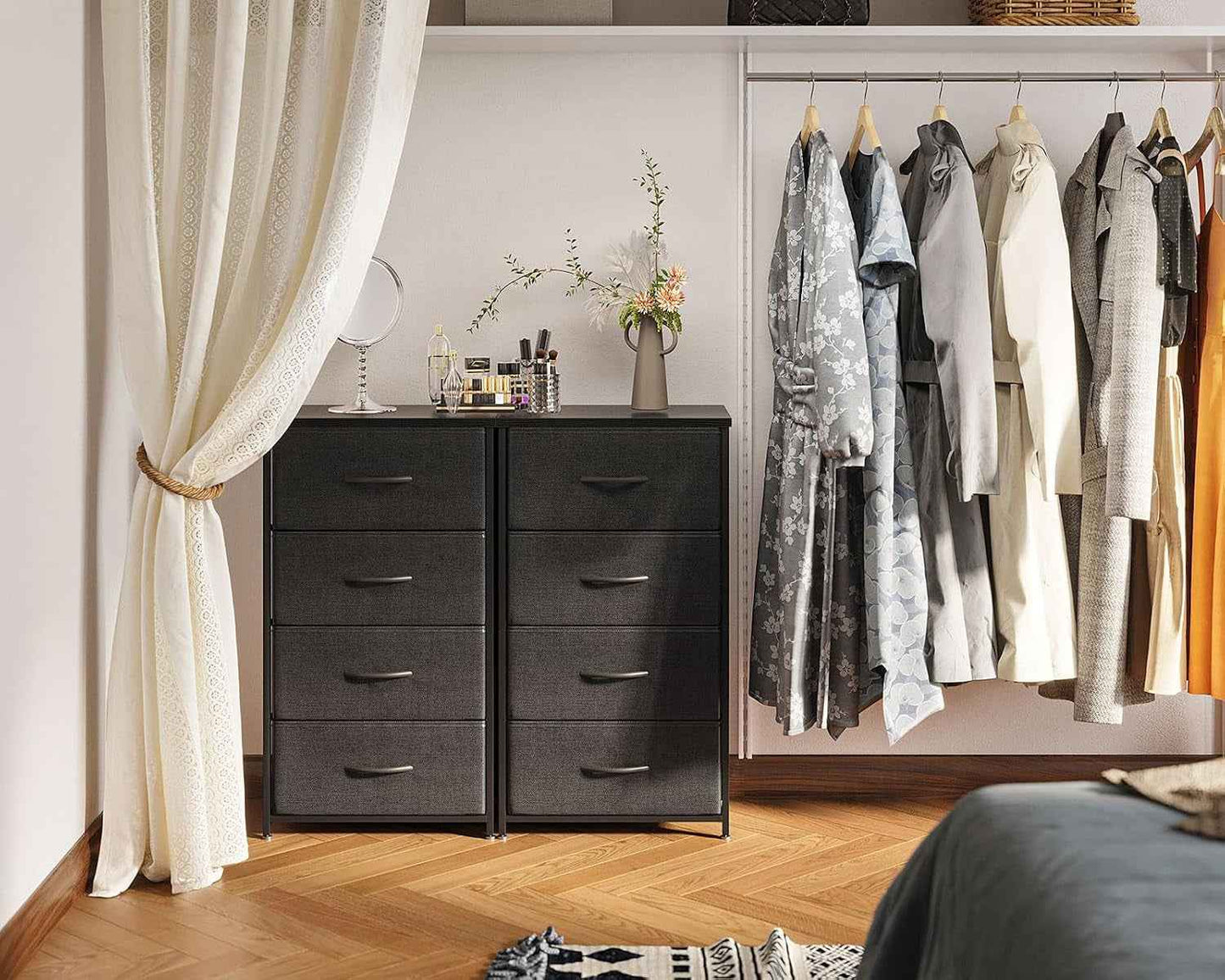 Noir Commode Chambre Adulte, Avec 4 Tissu Tiroirs | Petite Commode Adaptée Au Salon, Cadre En Acier Robuste, Plateau En Bois, 40 X 30 X 80Cm