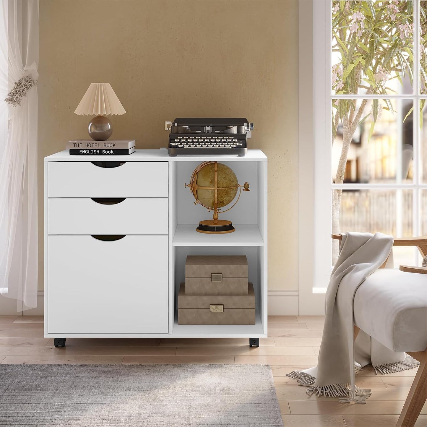 Caisson De Bureau Sur Roulettes, 80X39,5X69,5 Cm,Blanc | Avec 3 Tiroirs Et 2 Compartiments Ouverts, Armoire À Dossiers, Meuble De Rangement, Pour Bureau, Chambre