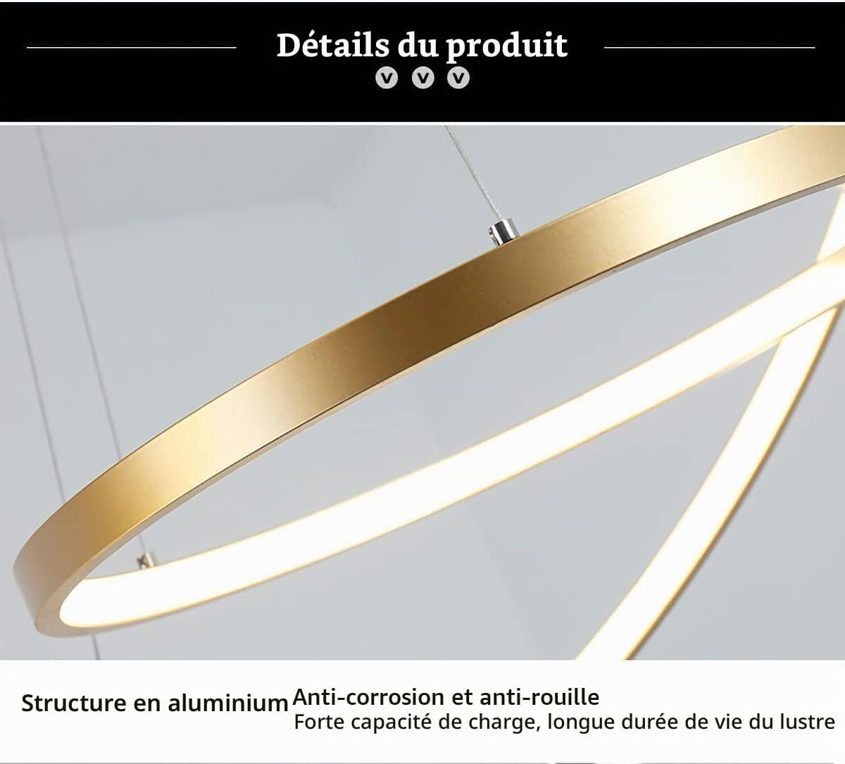 LED Lustre Salon Plafonnier Créatif Rond 3 Cercle Lustre, Dimmable Avec Télécommande 3000K-6500K, Acrylique Chambre Cuisine Bureau Décoration Lampes 76W (Noir)