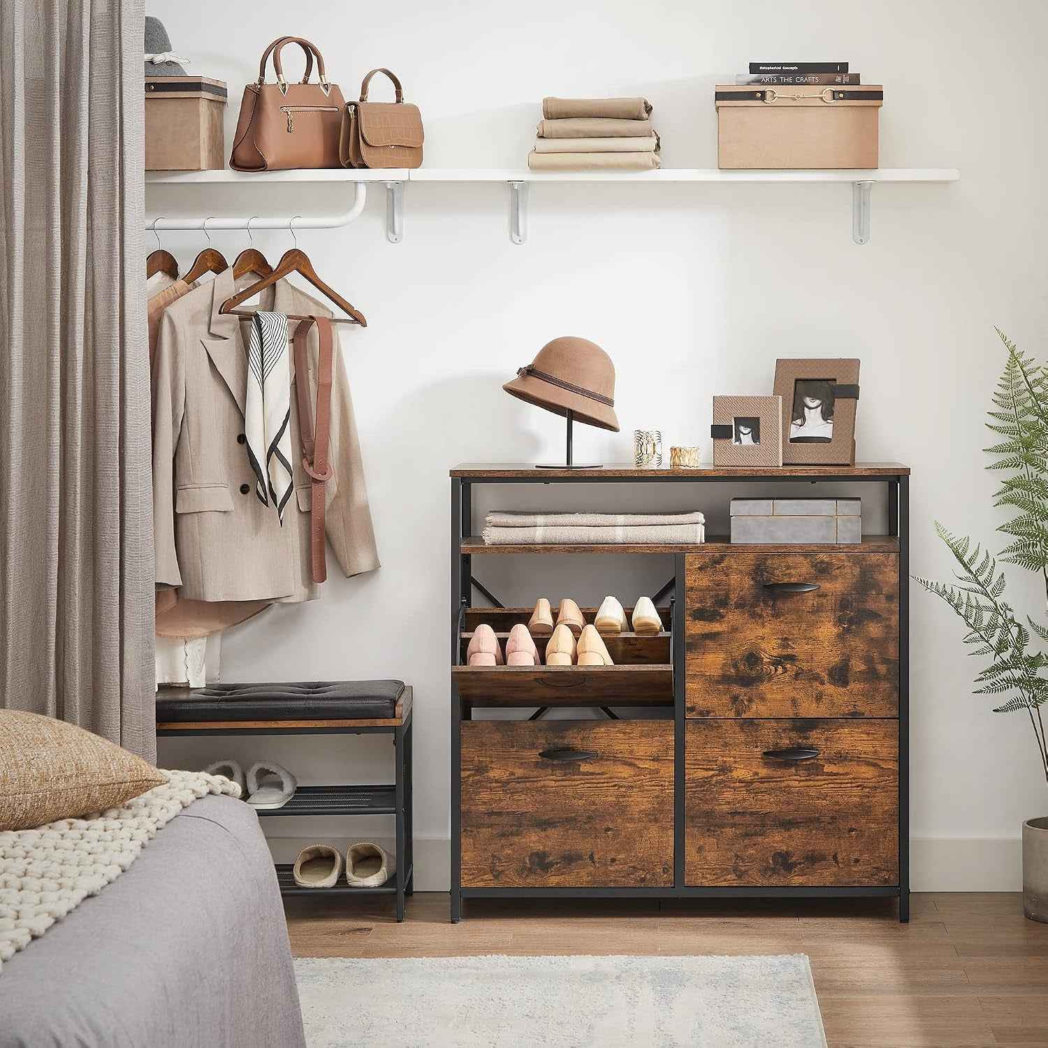 Meuble À Chaussures, Porte-Chaussures Fin, Meuble De Rangement À 4 Abattants, Pour 12-20 Paires, Anti-Poussière, 30 X 98,3 X 95 Cm, Pour Entrée, Marron Rustique Et Noir LBS803B01