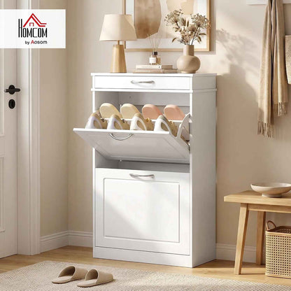 Meuble Chaussure 8 Paires Étroit, Tiroir 53 X 26,5 X 89 Cm Blanc | Armoire À Chaussures, 2 Portes Abattants, Étagère Réglable, Meuble D'Entrée Et Couloir