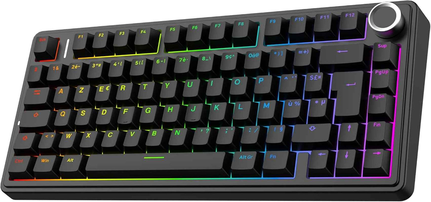 Aula F75 ISO-FR Clavier Mécanique Sans Fil AZERTY 75% | Clavier Gaming Français Avec Bouton Rotatif, RVB, Hot-Swap, Montage Gasket, Son Crémeux, Bt/2.4Ghz/Filaire