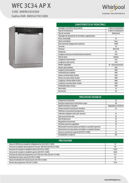 Whirlpool WFC 3C34 AP X, Lave-Vaisselle 60Cm Libre Installation, 14 Places, D