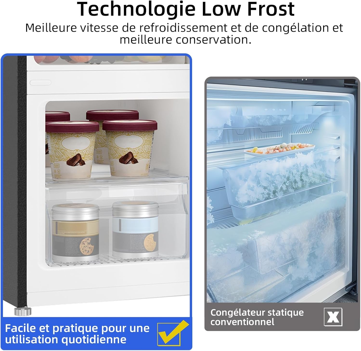 Réfrigérateur Congélateur Bas 117 Litres, 39Db, Commande Électronique, Acier Noir, Rangement De Tri, Dégivrage Manuel Facile