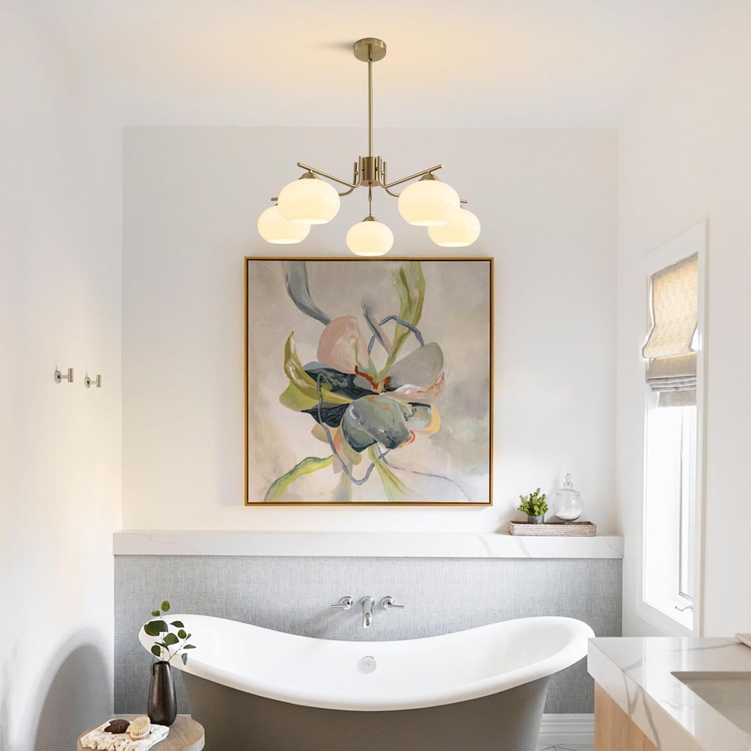 Lighting Lustre À 5 Lumières Globe Flush Mount Sputnik Luminaires Modernes En Suspension En Laiton Doré Appareil D'Éclairage Avec Globe En Verre Laiteux Lustre Pour L'Îlot De Cuisine