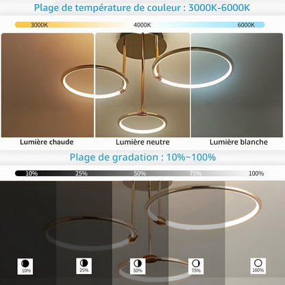 3 Anneaux Ronds Plafonnier Led Doré, Lustre Ø56Cm | 60W À Intensité Variable, Suspension Créative En Métal Électrolytique, Lampe Moderne Pour La Chambre À Coucher Bureau D'Enfants Étude
