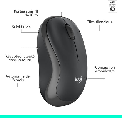 Logitech MK295 Silent wireless mouse and keyboard set | SilentTouch, standard numeric keypad, wireless, 90% less noise, AZERTY French-Graphite