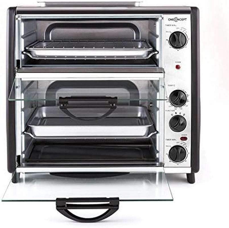 Oneconcept All-You-Can-Eat - Four Grill, Four Électrique, Four Double, 42L Au Total, 2400W, Température Réglable, 60-240°, Timers, 2X Plaques, Fenêtre Large, Broche, Poids 7Kg, Argent
