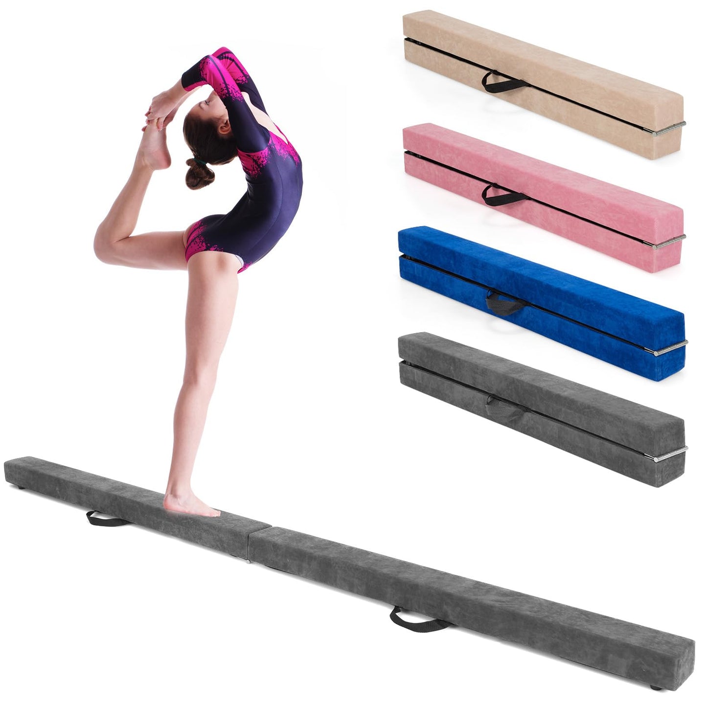 GOPLUS Poutre Gymnastique Pliable 210cm, Poutre Gymnastique avec Patins Antidérapants, Surface Suède, Entraînement de Gymnastique pour Enfants et Adultes, Gain d’Espace