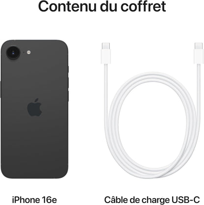 Apple iPhone 16e 128 Go : Conçu pour Apple Intelligence, Puce A18, Autonomie de Taille, Caméra Fusion 48 Mpx, Écran Super Retina XDR de 6,1 Pouces; Noir