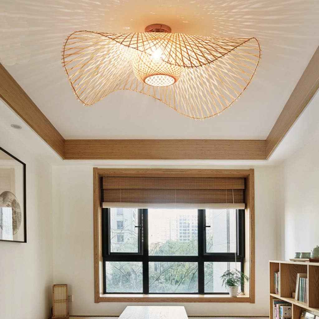 Rétro Lustres Lumière Naturelle De Bambou Et Plafonnier Rotin Vintage E27 Éclairage Plafond Tissées Main Pour Manger Chambre Salon Bar Café Pendentif Cuisine Lampe Suspendue Couloir Suspension,75Cm