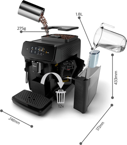 Machine À Café Grain 2200, 2 Boissons, Mousseur À Lait, Noir Mat | Expresso Broyeur Avec Écran Tactile, Mousseur À Lait Classique, Aroma Extract, Broyeur 100% Céramique, App Homeid (EP2220/10)