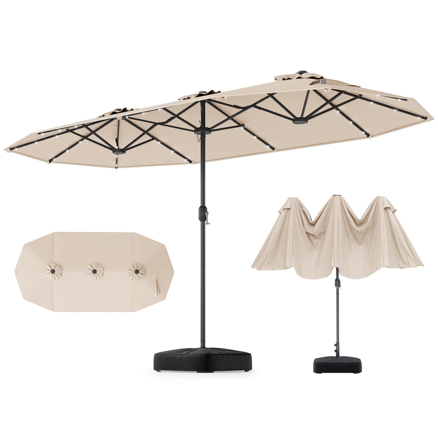 GOPLUS Parasol de Jardin Exterieur avec Pied, 4M Parasol Double Face avec LED, Manivelle et Ventilation, Grand Parasol Extérieur pour 6 Personnes pour Marché, Piscine, Terrasse, Balcon (Café)