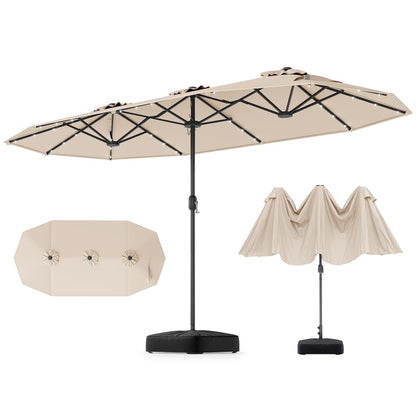 GOPLUS Parasol de Jardin Exterieur avec Pied, 4M Parasol Double Face avec LED, Manivelle et Ventilation, Grand Parasol Extérieur pour 6 Personnes pour Marché, Piscine, Terrasse, Balcon (Café)