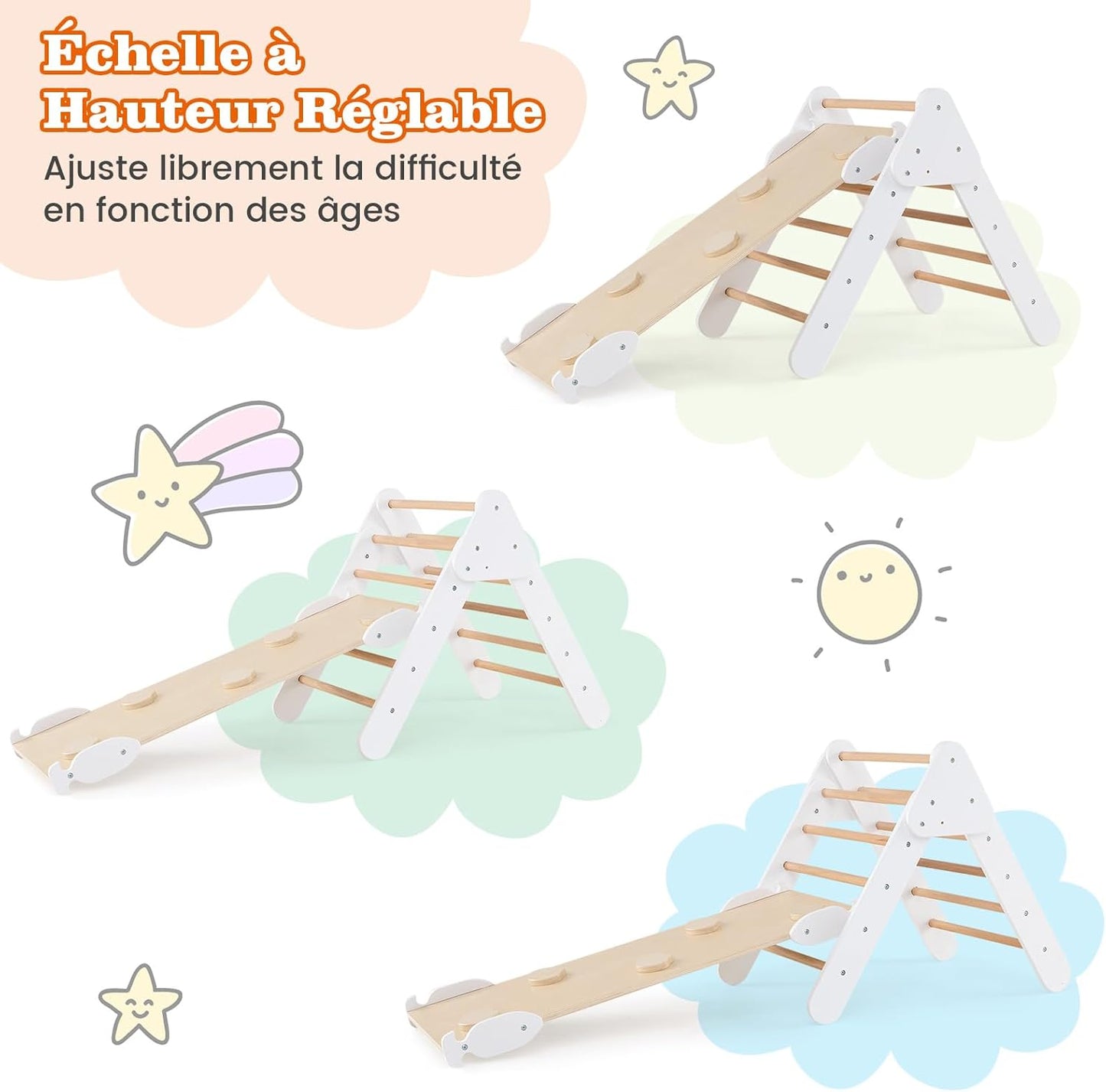 GOPLUS 7 en 1 Triangle Arche Montessori, Arche d'escalade Enfants avec Toboggan Bois,Rampe, Échelle Réglable, Charge 50KG, pour Tout-Petits Bébé 1 Ans+(Gris)