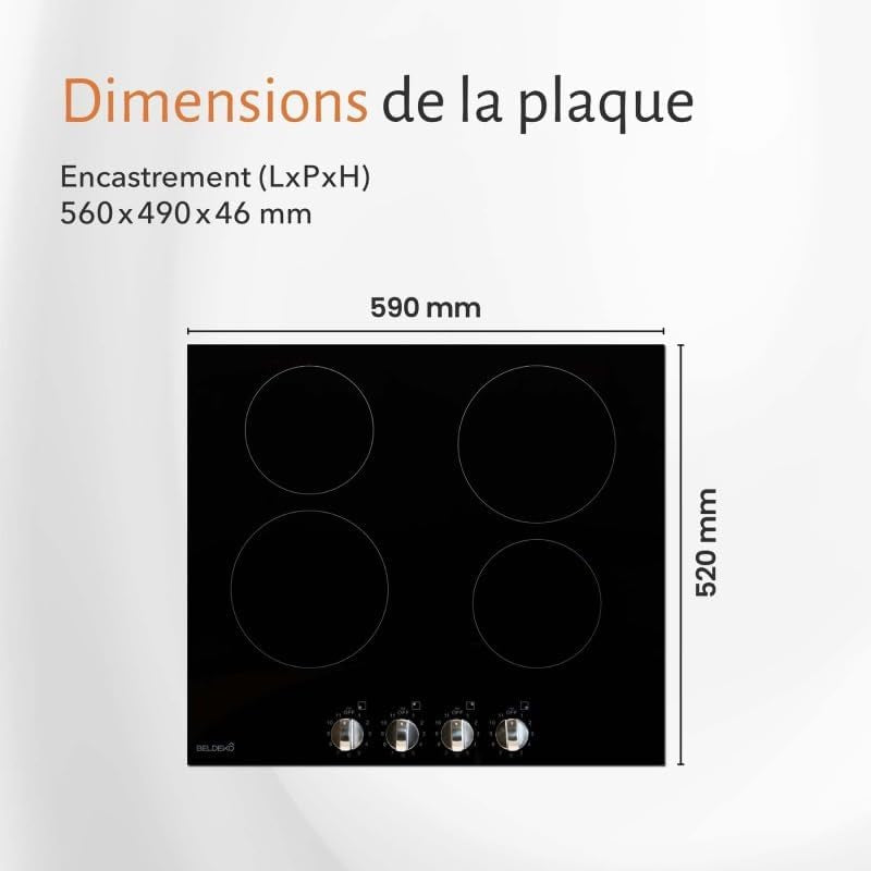 Table Vitrocéramique Manettes - Boutons - 4 Foyers - 6000W