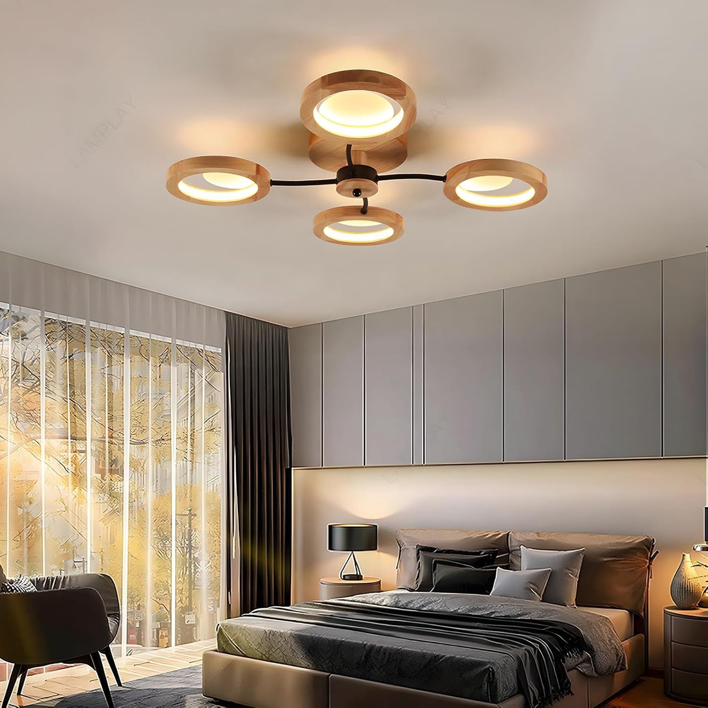 Plafonnier LED Moderne, Lustre Ø74Cm Dimmable Avec Télécommande 3000K-6000K, Bras Noir + 4 Anneaux En Bois, Abat-Jour Cercle En Métal, Salon Chambre Salle À Manger Bureau