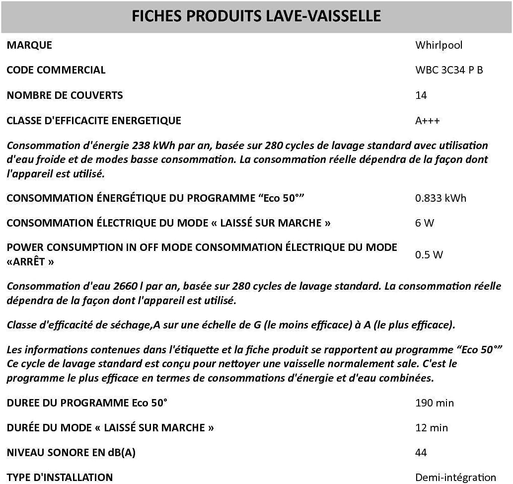 Lave-Vaisselle 60Cm 14 Couverts 44Db Intégrable Avec Bandeau - WBC3C34PB