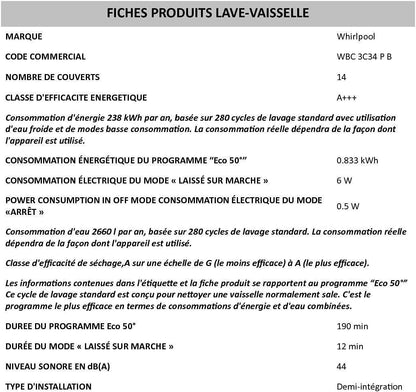 Lave-Vaisselle 60Cm 14 Couverts 44Db Intégrable Avec Bandeau - WBC3C34PB