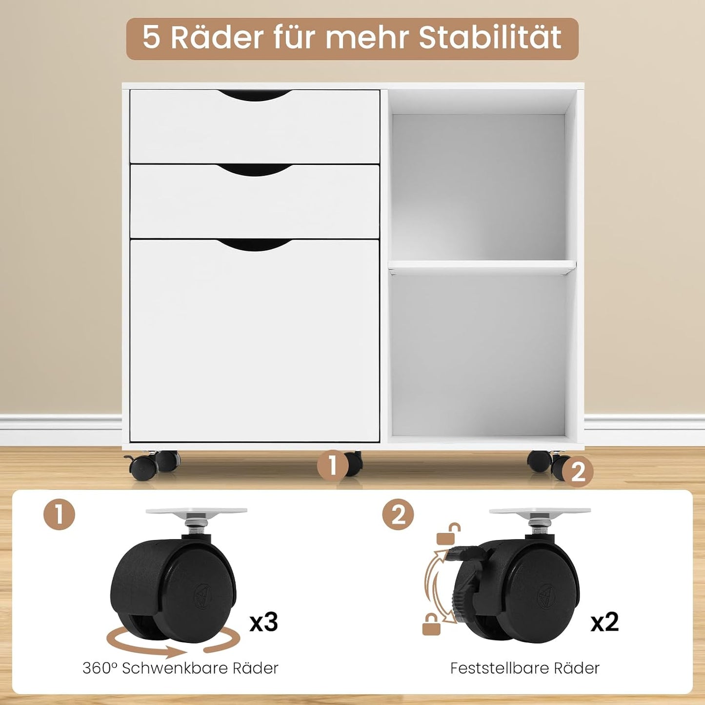 Caisson De Bureau Sur Roulettes, 80X39,5X69,5 Cm,Blanc | Avec 3 Tiroirs Et 2 Compartiments Ouverts, Armoire À Dossiers, Meuble De Rangement, Pour Bureau, Chambre