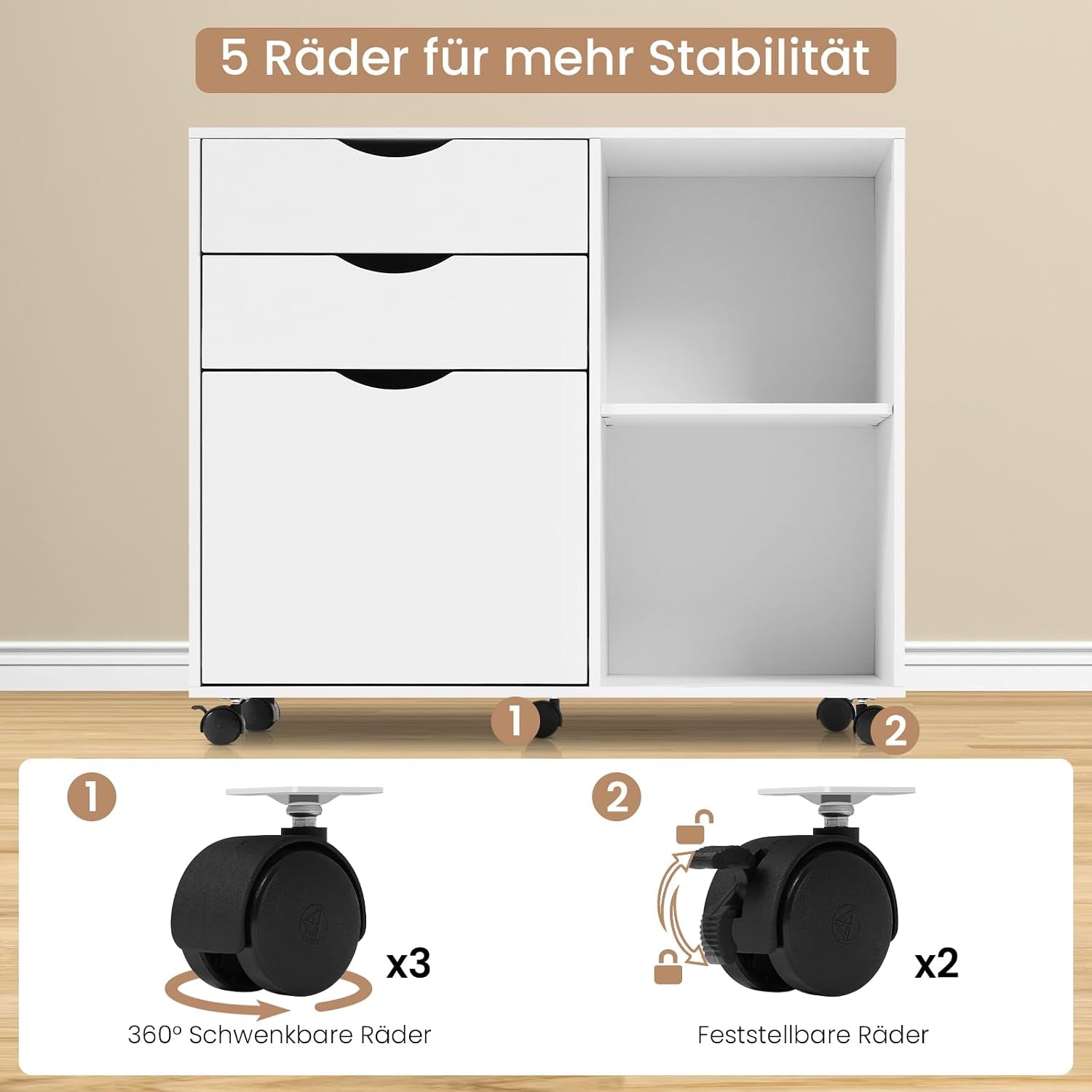 Caisson De Bureau Sur Roulettes, 80X39,5X69,5 Cm,Blanc | Avec 3 Tiroirs Et 2 Compartiments Ouverts, Armoire À Dossiers, Meuble De Rangement, Pour Bureau, Chambre