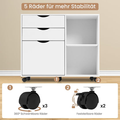 Caisson De Bureau Sur Roulettes, 80X39,5X69,5 Cm,Blanc | Avec 3 Tiroirs Et 2 Compartiments Ouverts, Armoire À Dossiers, Meuble De Rangement, Pour Bureau, Chambre