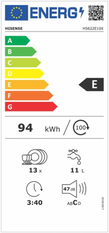 Hisense HS622E10X Lave-Vaisselle, Capacité 13 Services, 60 Cm, Programme ECO, Silencieux, 2, Filtre Autonettoyant, Compteur Numérique