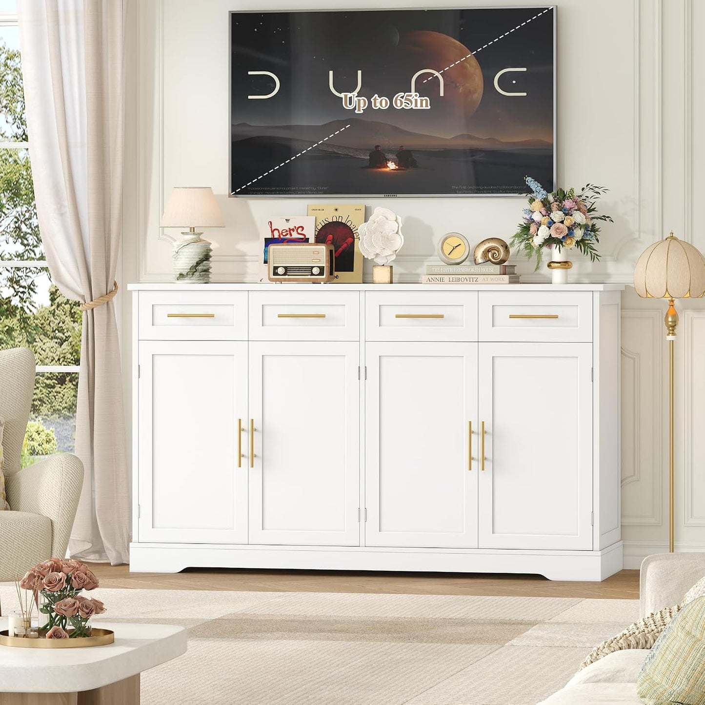 Buffet Cuisine, 150 Cm Meuble Cuisine Avec 4 Tiroirs 4 Portes, Blanc | Buffet Salle a Manger Avec Poignées Dorées, Meuble De Rangement Pour Salon, Cuisine, Couloir, 150×40×92 Cm