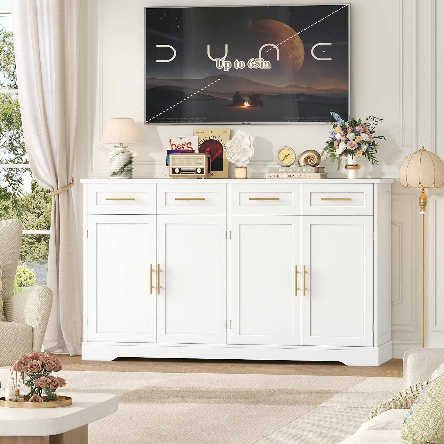 Buffet Cuisine, 150 Cm Meuble Cuisine Avec 4 Tiroirs 4 Portes, Blanc | Buffet Salle a Manger Avec Poignées Dorées, Meuble De Rangement Pour Salon, Cuisine, Couloir, 150×40×92 Cm