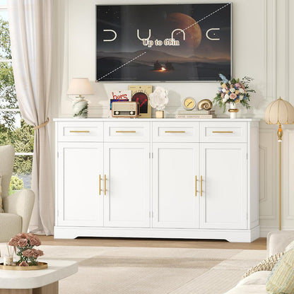 Buffet Cuisine, 150 Cm Meuble Cuisine Avec 4 Tiroirs 4 Portes, Blanc | Buffet Salle a Manger Avec Poignées Dorées, Meuble De Rangement Pour Salon, Cuisine, Couloir, 150×40×92 Cm