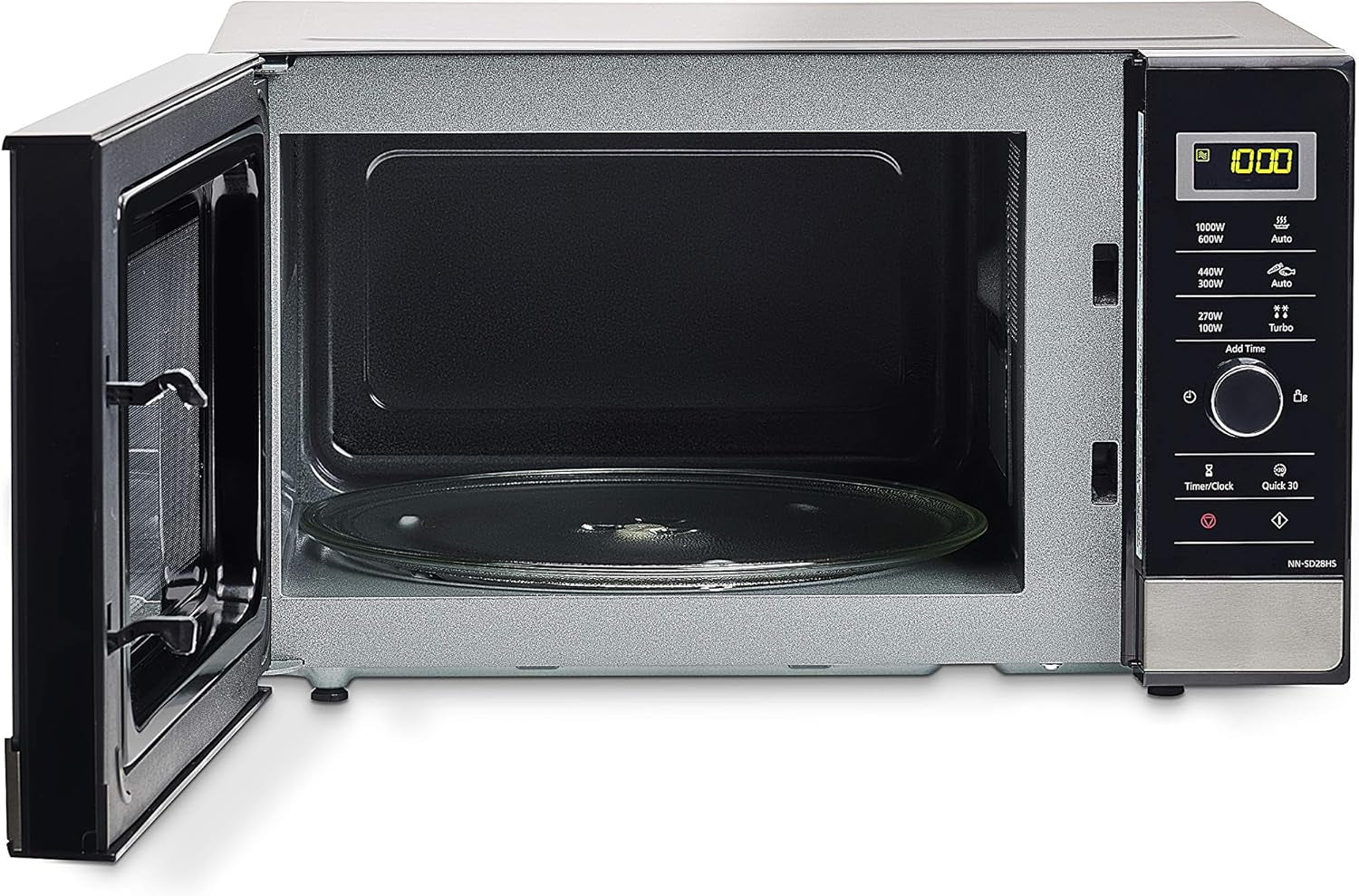 NN-SD28HSGTG-F Four Micro-Ondes Technologie Inverter Plateau Tournant En Verre, 23L, 1000W, 10 Programmes Auto, Décongélation Turbo, 6 Puissances, Minuterie, LED, Acier Inoxydable Noir