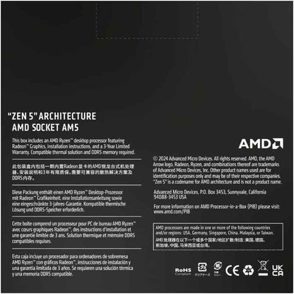 AMD Ryzen 5 9600X Processor (Integrated Graphics Radeon, 6 Cores/12 Threads, 65W TDP, Socket AM5, Cache 38MB, Up to 5.4GHz Frequency Boost, No Fan)