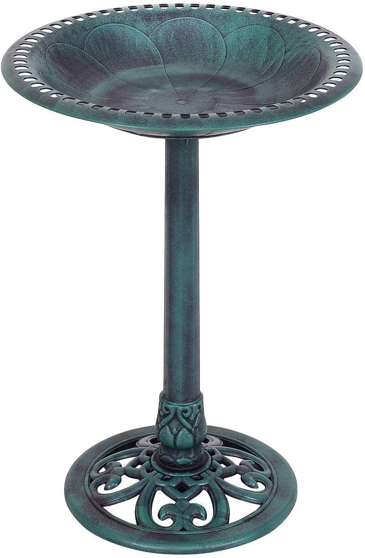 GOPLUS Mangeoire Oiseaux Extérieur, Plateau φ50CM, Abreuvoir Oiseaux Hauteur 72CM, Bain d'oiseaux en PP sur Pied, Base Remplissable, Design Antique, Bronze Vert