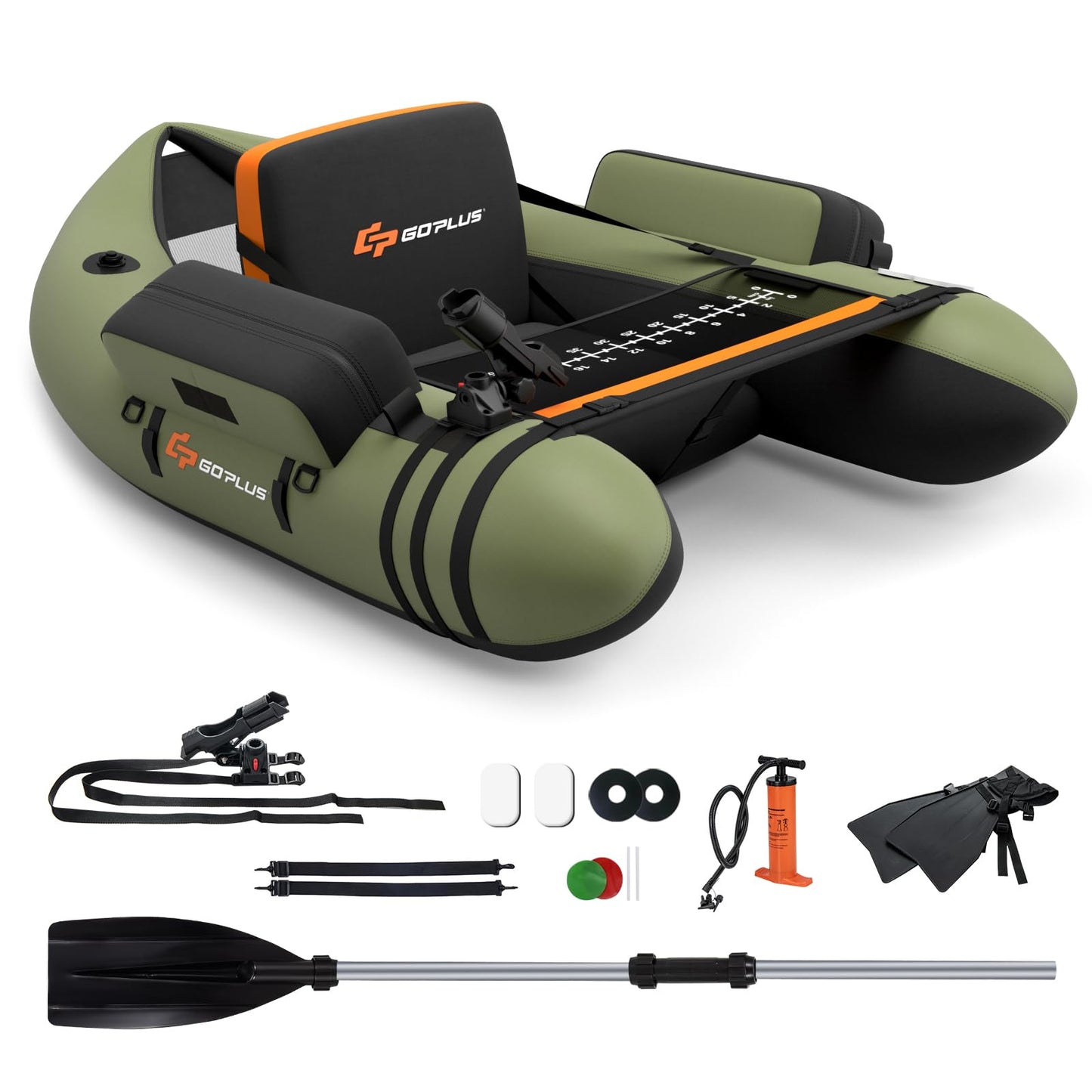 GOPLUS Bateau Pêche Gonflable, Float Tube Tissu Polyester avec Support de Canne Peches, Dossier, Sangles Réglables, Pompe, Règle à Poisson, Poches Rangement, Pagaie, Capacité 150KG