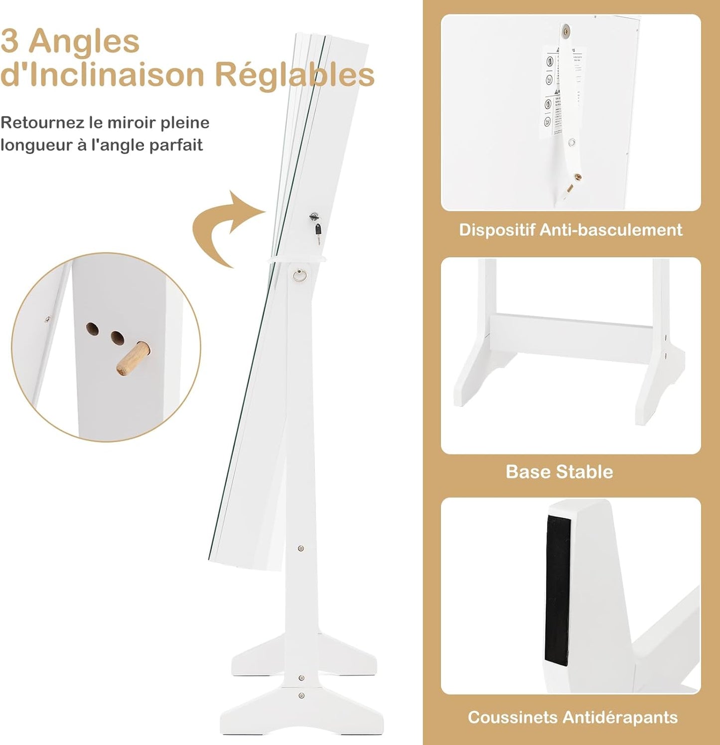 GOPLUS Armoire à Bijoux avec Miroir sur Pied, 2 en 1 Organisateur de Bijoux Verrouillable avec Lumières LED 3 Couleurs, 3 Angles Réglables, Armoire de Rangement Modern pour Collier, Bague, Blanc