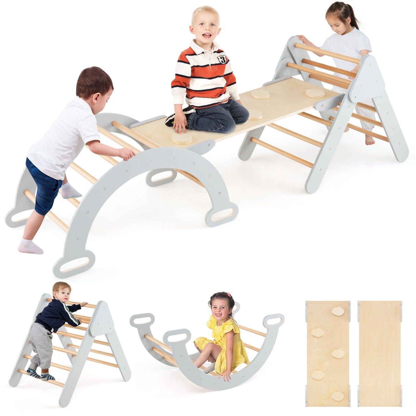 GOPLUS 7 en 1 Triangle Arche Montessori, Arche d'escalade Enfants avec Toboggan Bois,Rampe, Échelle Réglable, Charge 50KG, pour Tout-Petits Bébé 1 Ans+(Gris)