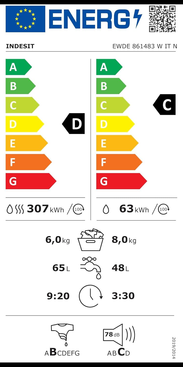 EWDE 861483 W IT N - Lave-Linge 8 Kg Charge Avant, Libre Installation. Centrifugeuse 1400 Tours Par Minute. Largeur 59,5 Cm, Profondeur 53,5 Cm, Hauteur 85 Cm, Classe Énergétique D, Blanc