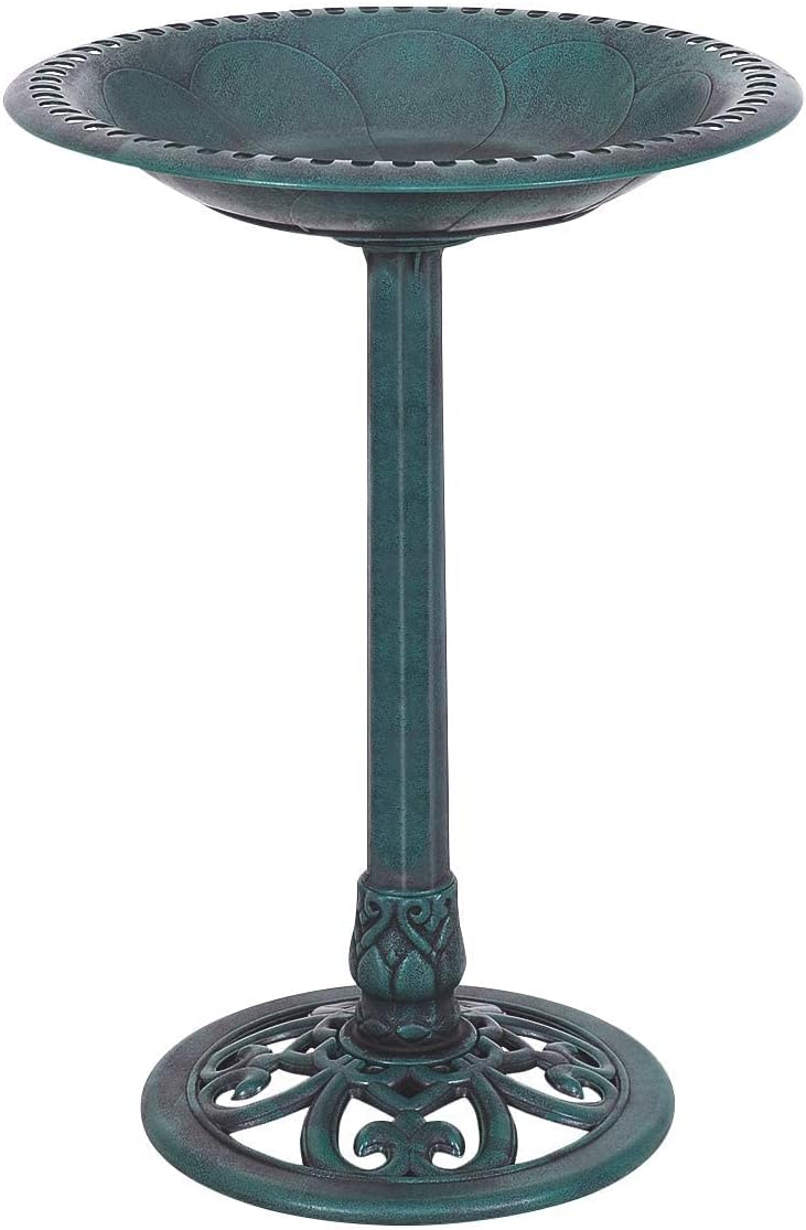 GOPLUS Mangeoire Oiseaux Extérieur, Plateau φ50CM, Abreuvoir Oiseaux Hauteur 72CM, Bain d'oiseaux en PP sur Pied, Base Remplissable, Design Antique, Bronze Vert