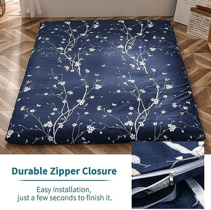 MAXYOYO Mattress Cover for Traditional Japanese Futon Mattress, Futon Floor Mats Cover with Zipper, Super Soft and Machine Washable, Navy Floral, Twin