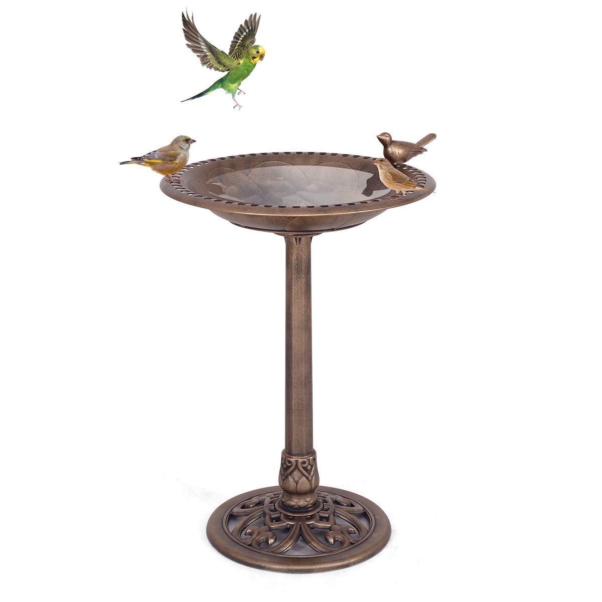 GOPLUS Mangeoire Oiseaux Extérieur, Plateau φ50CM, Abreuvoir Oiseaux Hauteur 72CM, Bain d'oiseaux en PP sur Pied, Base Remplissable, Design Antique, Bronze Vert