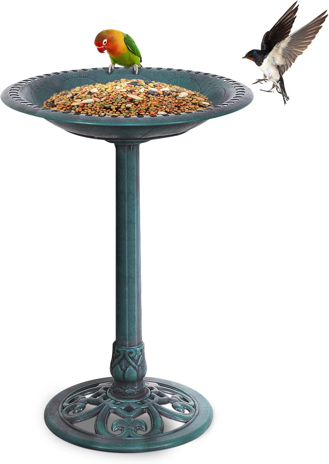 GOPLUS Mangeoire Oiseaux Extérieur, Plateau φ50CM, Abreuvoir Oiseaux Hauteur 72CM, Bain d'oiseaux en PP sur Pied, Base Remplissable, Design Antique, Bronze Vert
