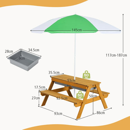 GOPLUS Table Enfant avec Banc et Parasol, 3 en 1 Banc Convertible avec Plateau Amovible et 2 Boîtes de Rangement, Table d’Activité en Bois pour Extérieur, Jardin (Vert+Blanc)