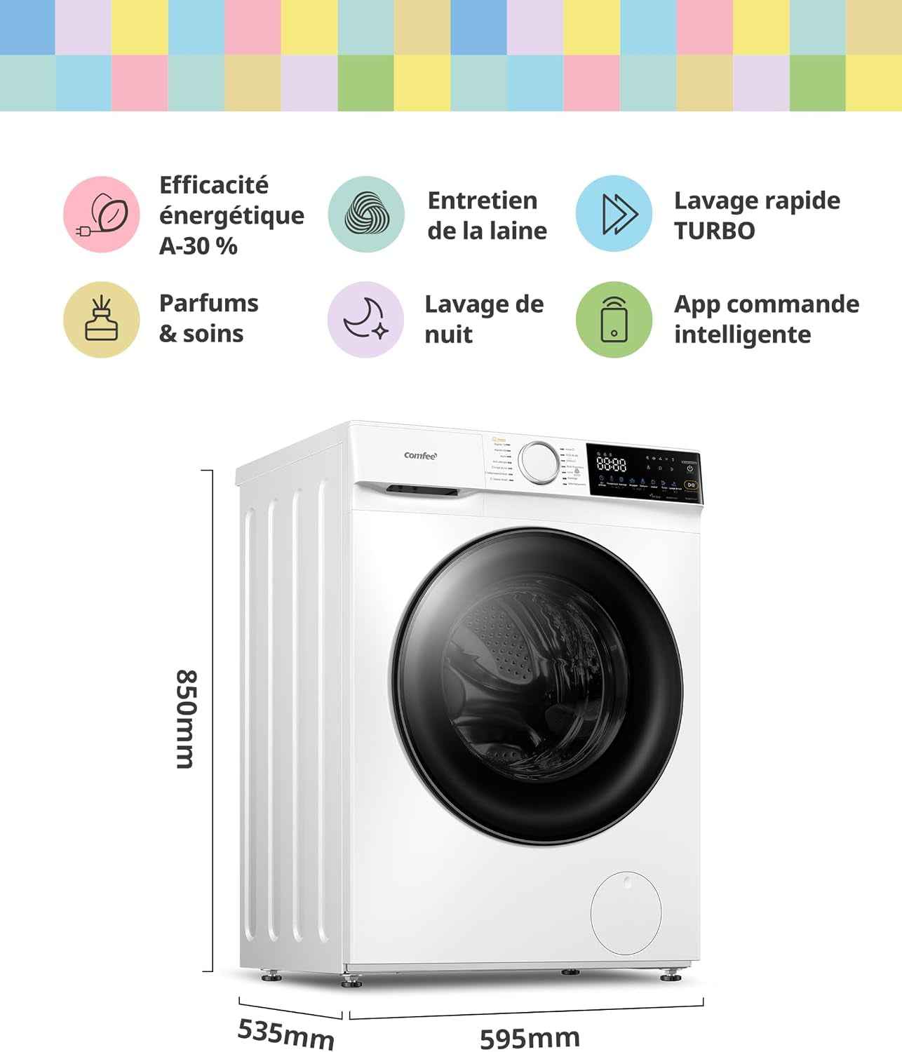 ' Machine a Laver 10KG Classe A-30% 1400RPM Smart Wash CF10EWP07W | App Commande Intelligente, Healthguard, Steam Wash, Laine, Poils D'Animaux, Turbo, Rapide 15'/45', Lavage De Nuit, Parfum+