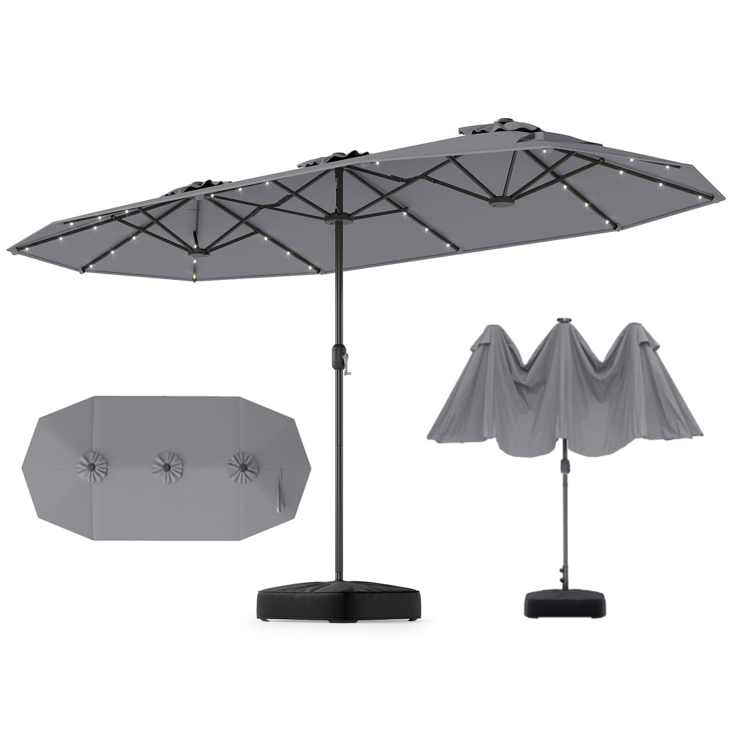 GOPLUS Parasol de Jardin Exterieur avec Pied, 4M Parasol Double Face avec LED, Manivelle et Ventilation, Grand Parasol Extérieur pour 6 Personnes pour Marché, Piscine, Terrasse, Balcon (Café)