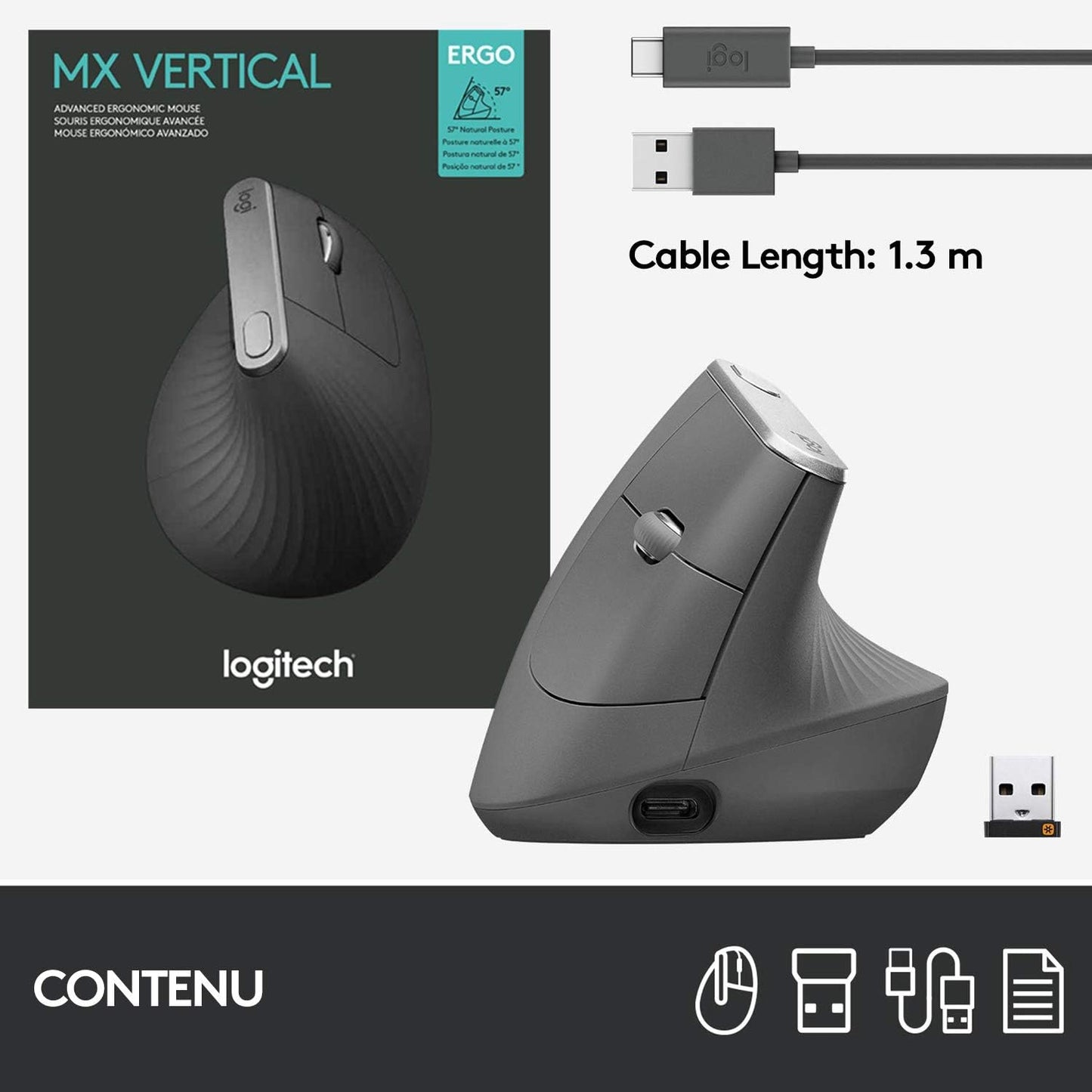 MX Vertical Souris Ergonomique Sans Fil | Multi-Dispositifs, Bluetooth/2,4 Ghz, Récepteur USB Unifying, 4000 PPP, 4 Boutons, Charge Rapide, Pc/Mac/Ipad OS - Graphite